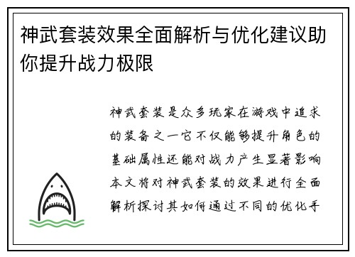 神武套装效果全面解析与优化建议助你提升战力极限